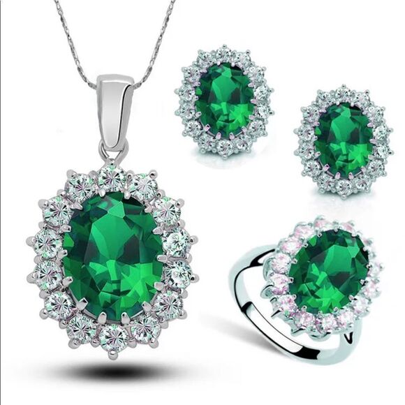 🟢Emerald Green Gemstones Sterling Silver Plated Crystal Rhinestones Jewelry Set - Picture 1 of 5
